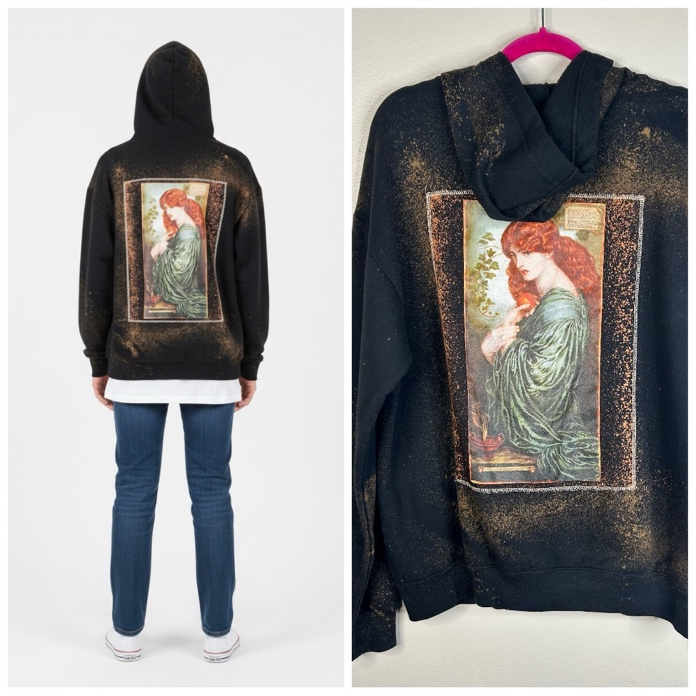 Artistic Upcycled Black Zip Up Hoodie Unisex L Renaissance Art Goth Whimsigoth